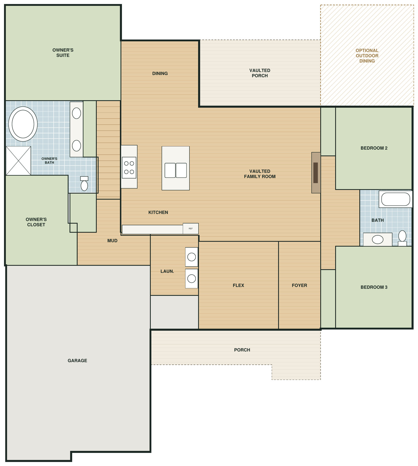 Hemlock Falls first floor plan in color: owner's suite, vaulted family room, kitchen, dining, flex, two bedrooms, garage